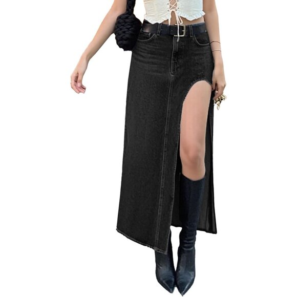 Stylish High Waisted Black Jean Maxi Skirt - Side Slit for Effortless Chic - Picture 1 of 5